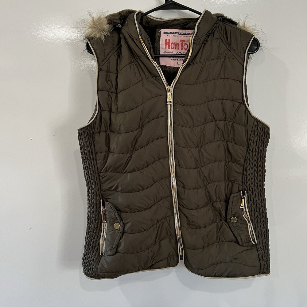 Lee Hanton Women's Green Quilted Puffer Vest Inside Faux Fur Large